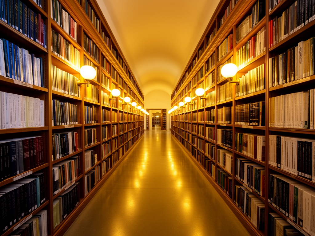 Dugačak hodnik naučne biblioteke sa visokim policama punim knjiga, toplo svetlo lampi stvara zlatnu atmosferu između redova akademskih publikacija i naučnih zbornika