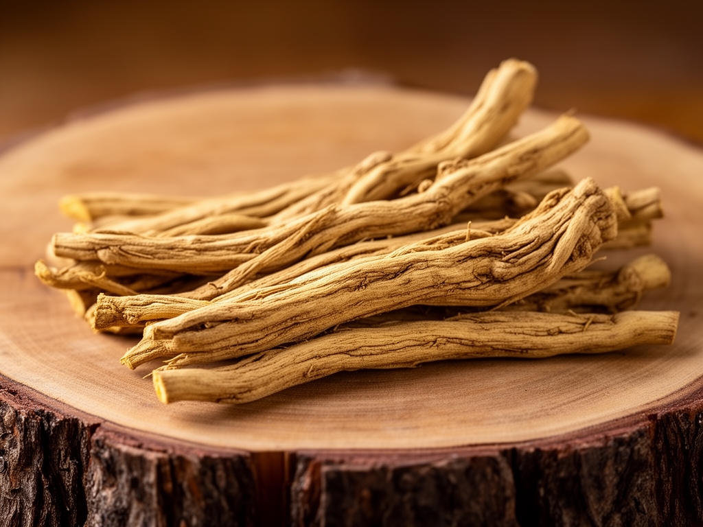 Sveže isečen koren ashwagandhe na grubo tesanoj drvenoj dasci, toplo zemaljsko toniranje, blaga para, vidljiva tekstura vlakana korena