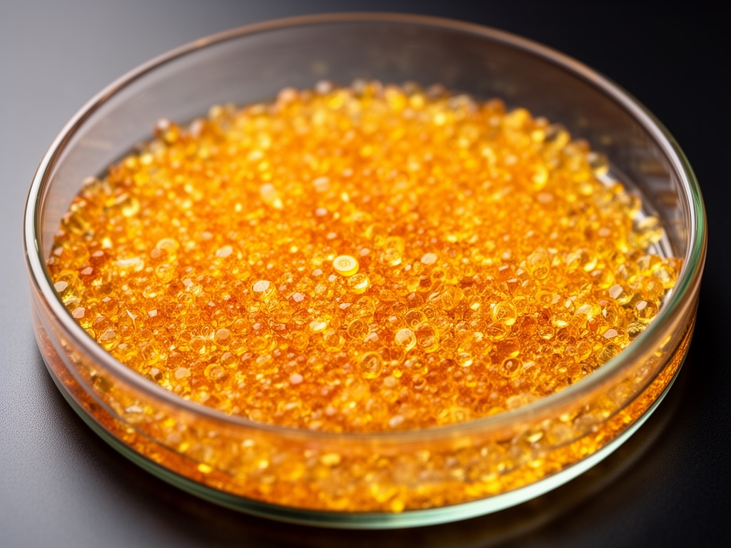 Narandžasto-žuti kristali koenzima Q10 u laboratorijskoj petri posudi pod mikroskopskim osvetljenjem, vidljive mikrostrukture čestica