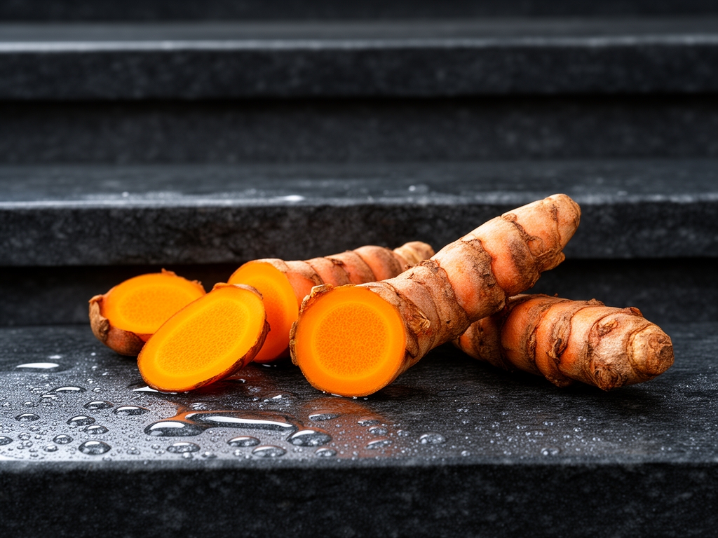 Sveže isečeni koren kurkume sa jarko narandžastom unutrašnjošću i celim korenom, raspoređeni na tamnom kamenom skalonu sa parom kondenzacije