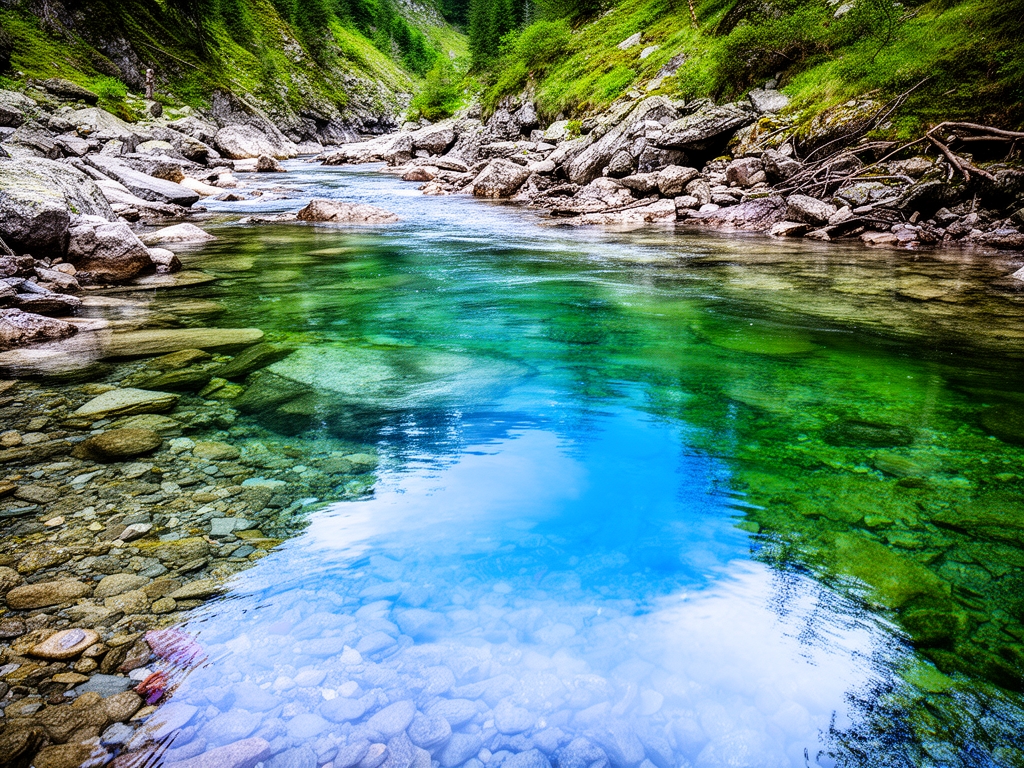 Kristalno čista planinska voda koja protiče kroz stenje sa refleksijama nebeskog plavetnila i zelenila okolne vegetacije u prirodnom ambijentu
