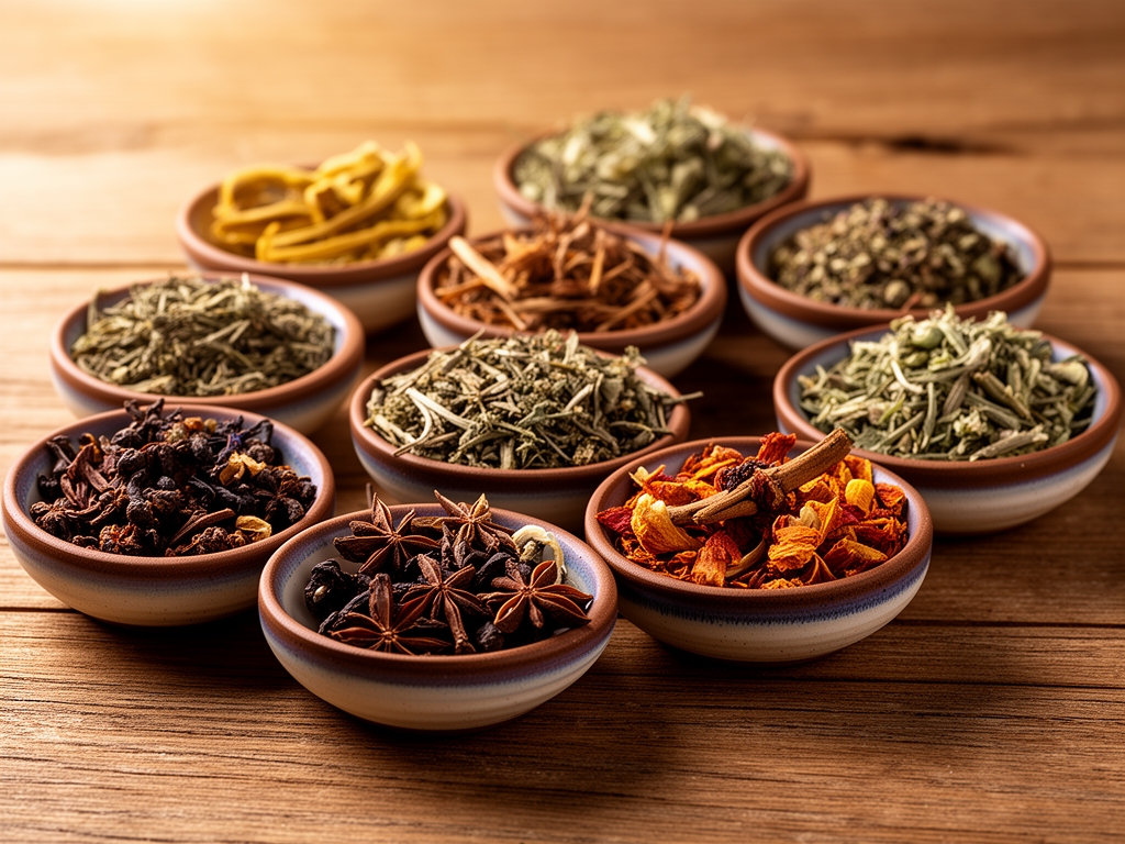 Raznovrsne sušene biljke i začini u malim keramičkim zdjelama na prirodnoj drvenoj površini, toplo difuzno svetlo naglašava teksture i boje začinskog bilja