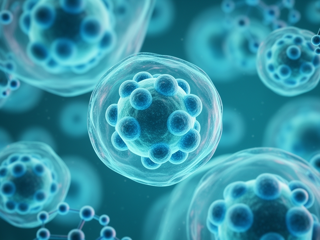 Abstrakcija bioloških ćelija i molekularnih struktura u plavkasto-tirkiznom toniranju, vidljivi sferni organeli i prozirne membrane pod fluorescencijom