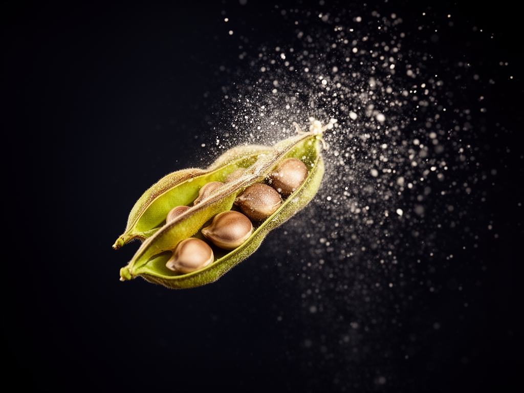 Makro snimak semena čije prskaju iz mahune, raspršeni u vazduhu protiv tamnog pozadine, čisto naturalističke kompozicije