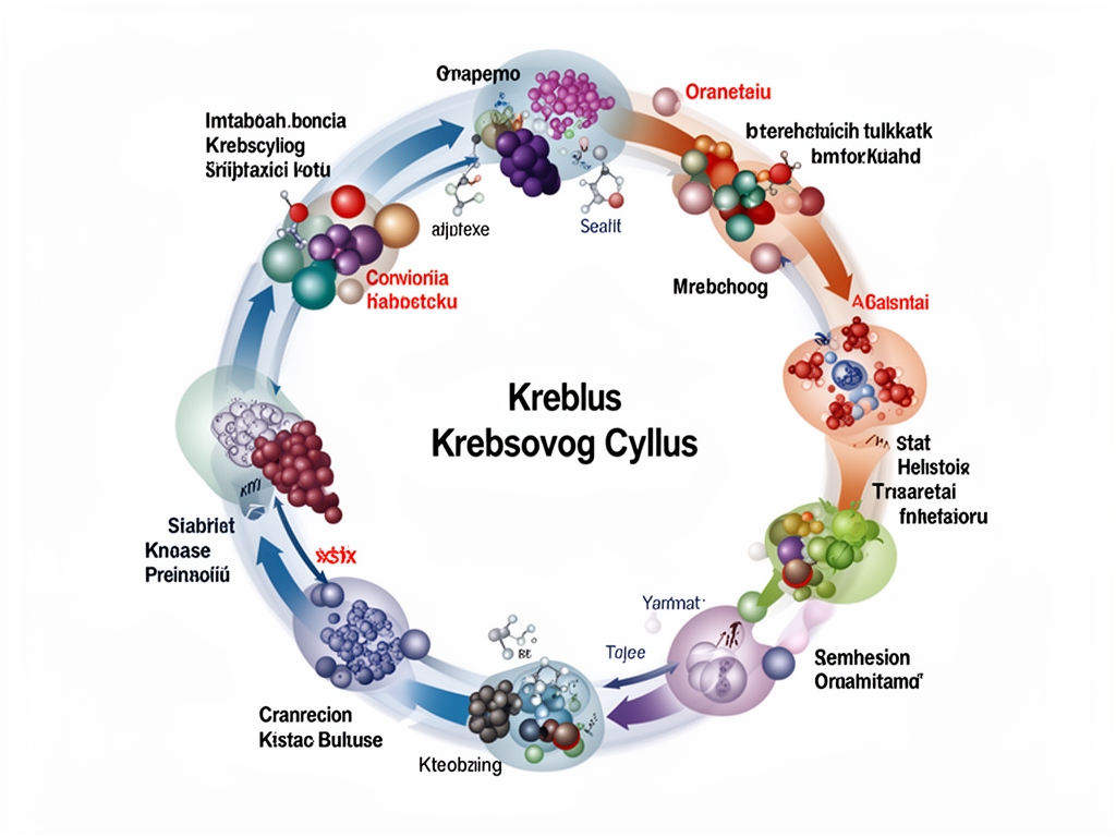 Naučni dijagram koji prikazuje metabolički ciklus Krebsovog ciklusa apstrakcijom u stilu akademske ilustracije bez medicinskih simbola