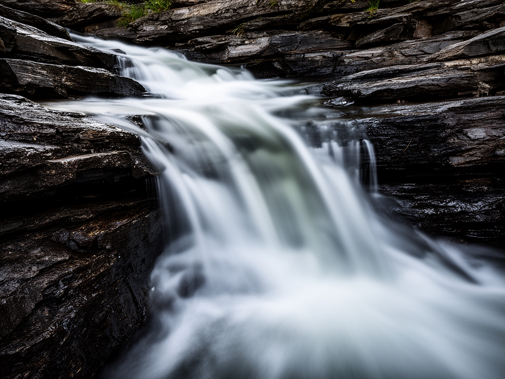 Apstraktna vizualizacija protoka vode kroz kamenu formaciju, dugo eksponirana fotografija sa svilenkastim efektom toka na tamnom kamenu